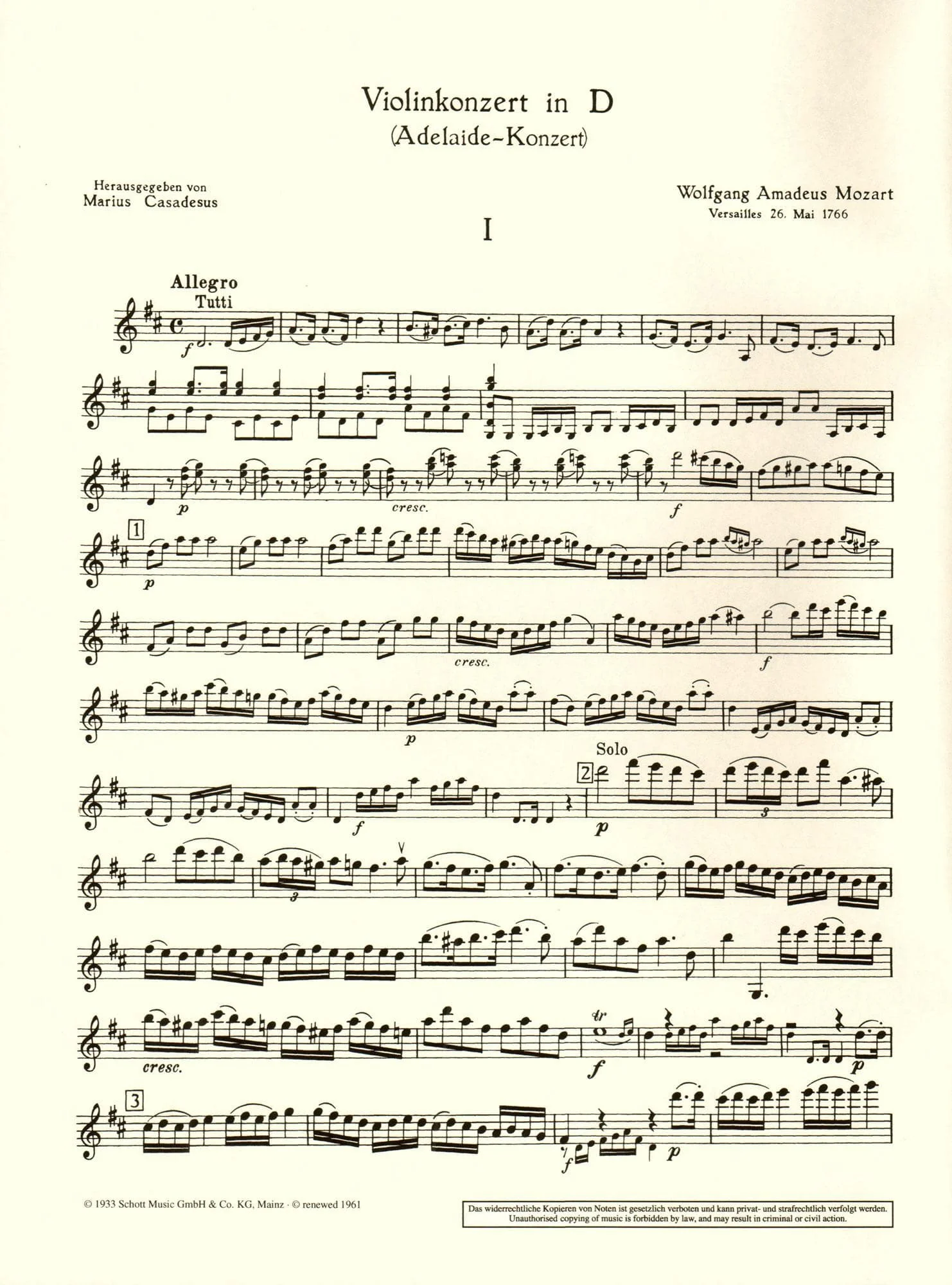 Mozart, WA - Concerto in D Major, K 294a ("Adelaide") - Violin and Piano - arranged by Marius Casadesus - Schott Edition - Image 3