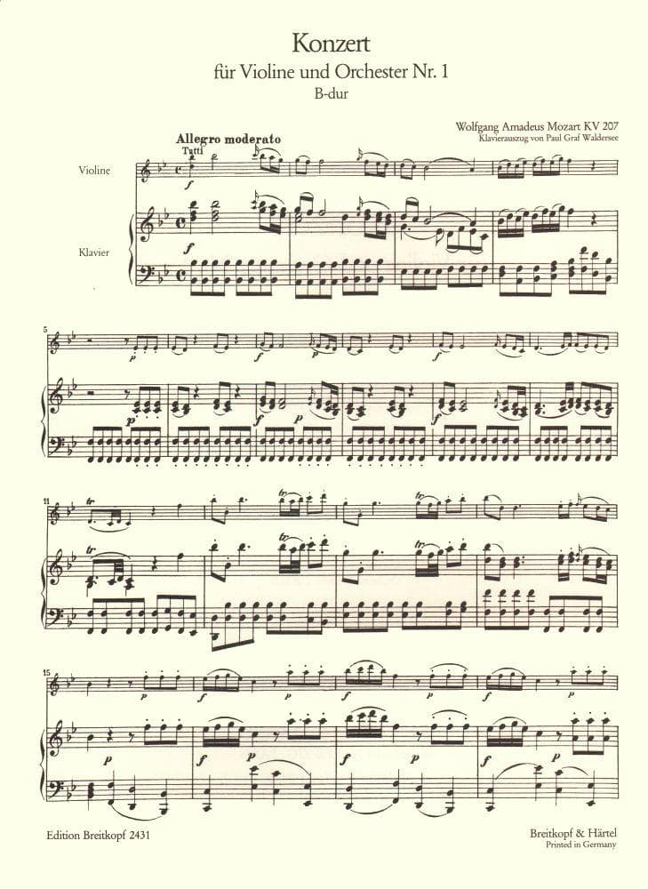 Mozart, WA - Concerto No 1 in B-flat Major, K 207 - Violin and Piano - edited by Paul Graf Waldersee - Breitkopf & Härtel Edition - Image 2