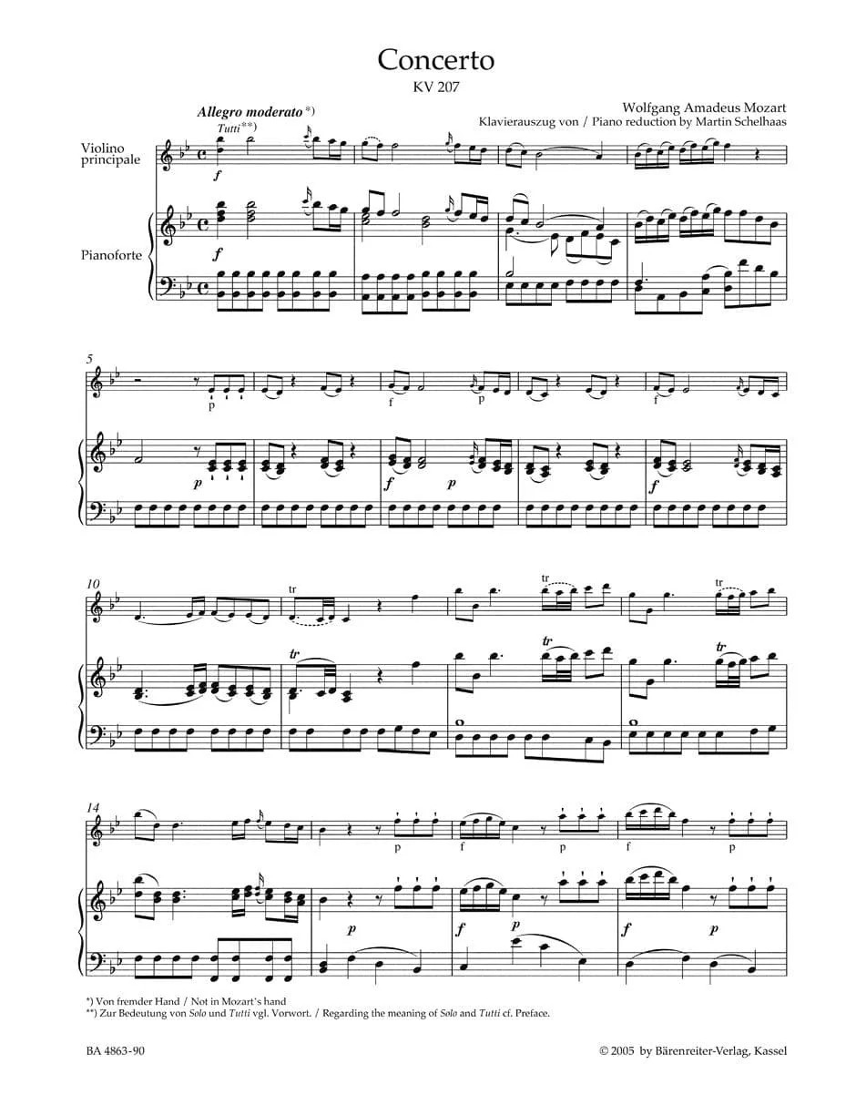 Mozart, WA - Concerto No 1 in B-flat Major, K 207 - Violin and Piano - edited by Christoph Hellmut Mahling - Bärenreiter Verlag URTEXT - Image 2