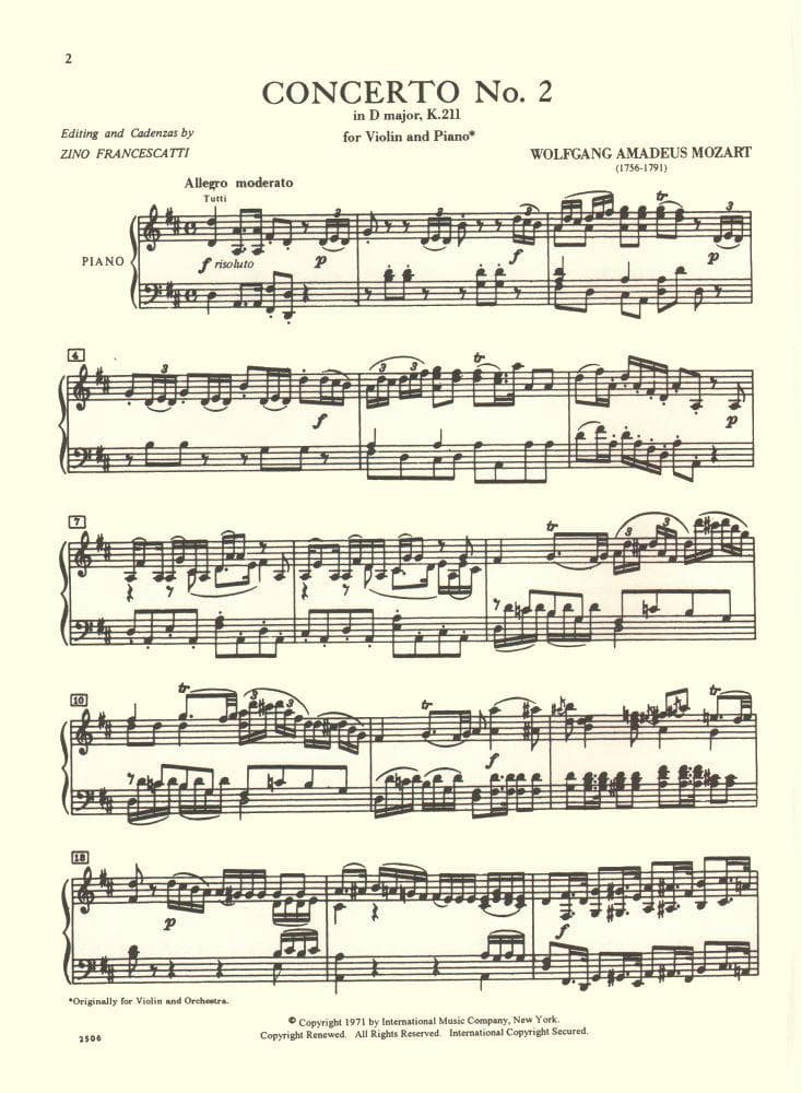 Mozart, WA - Concerto No 2 In D Major, K 211 - Violin and Piano - edited by Zino Francescatti - International Music Company - Image 2