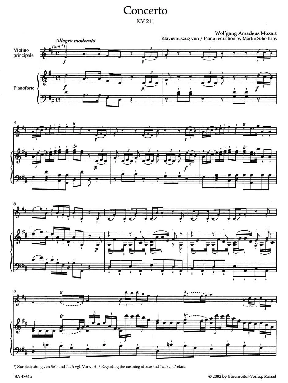 Mozart, WA - Concerto No 2 in D Major, K 211 - Violin and Piano - edited by Christoph Hellmut Mahling - Bärenreiter Verlag URTEXT - Image 2
