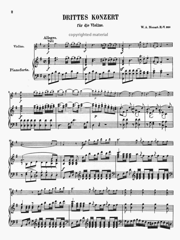 Mozart, WA - Concerto No 3 in G Major, K 216 - Violin and Piano - Kalmus Edition - Image 2