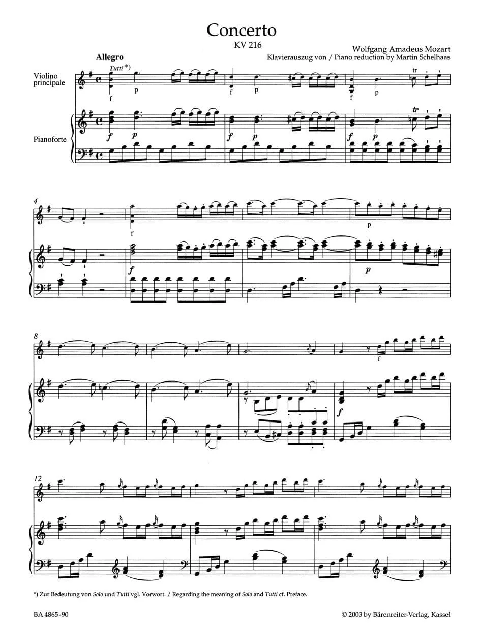 Mozart, WA - Concerto No 3 in G Major, K 216 - Violin and Piano - edited by Christoph Hellmut Mahling - Bärenreiter Verlag URTEXT - Image 2