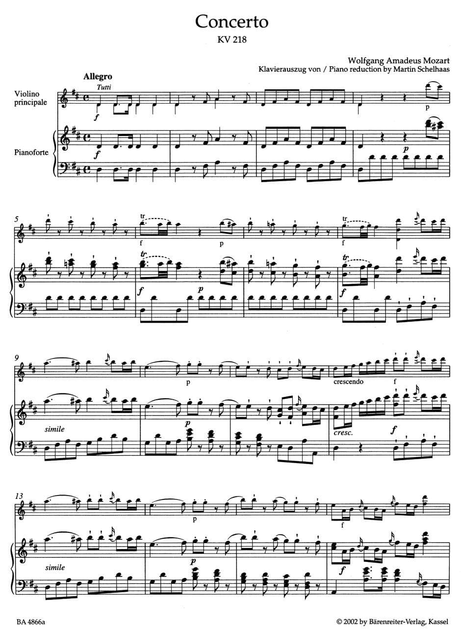 Mozart, WA - Concerto No 4 in D Major, K 218 - Violin and Piano - edited by Mahling et al - cadenzas by Joachim et al - Bärenreiter Verlag URTEXT - Image 2