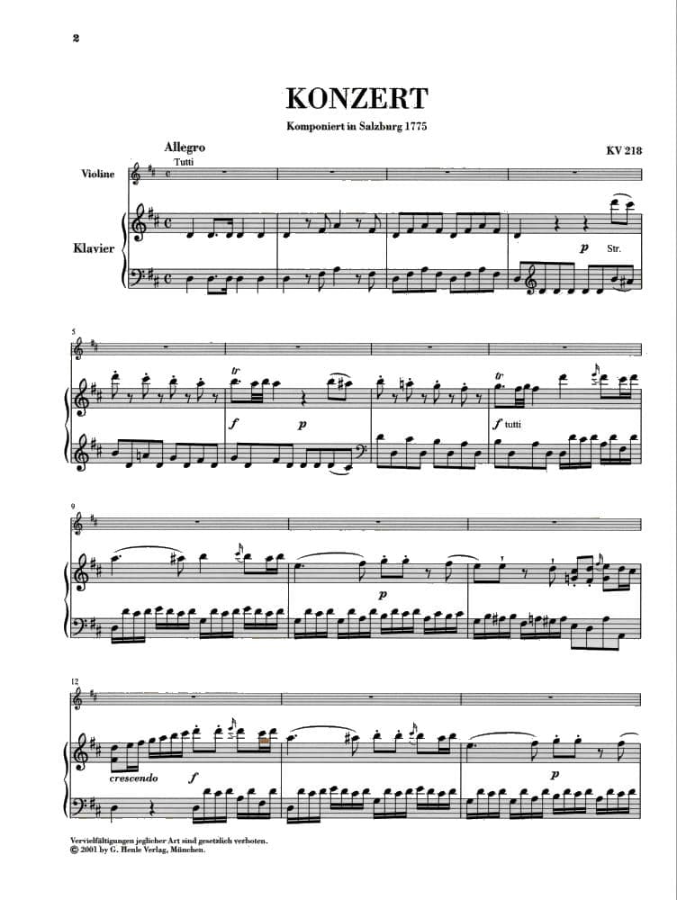 Mozart, WA - Concerto No 4 in D Major, K 218 - for Violin and Piano - edited by Wolf-Dieter Seiffert and Siegfried Petrenz - G Henle Verlag URTEXT - Image 2