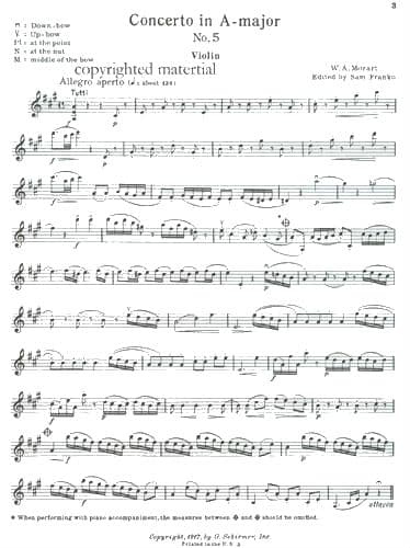 Mozart, WA - Concerto No 5 in A Major, K 219 - Violin and Piano - edited by Sam Franko - G Schirmer Edition - Image 2