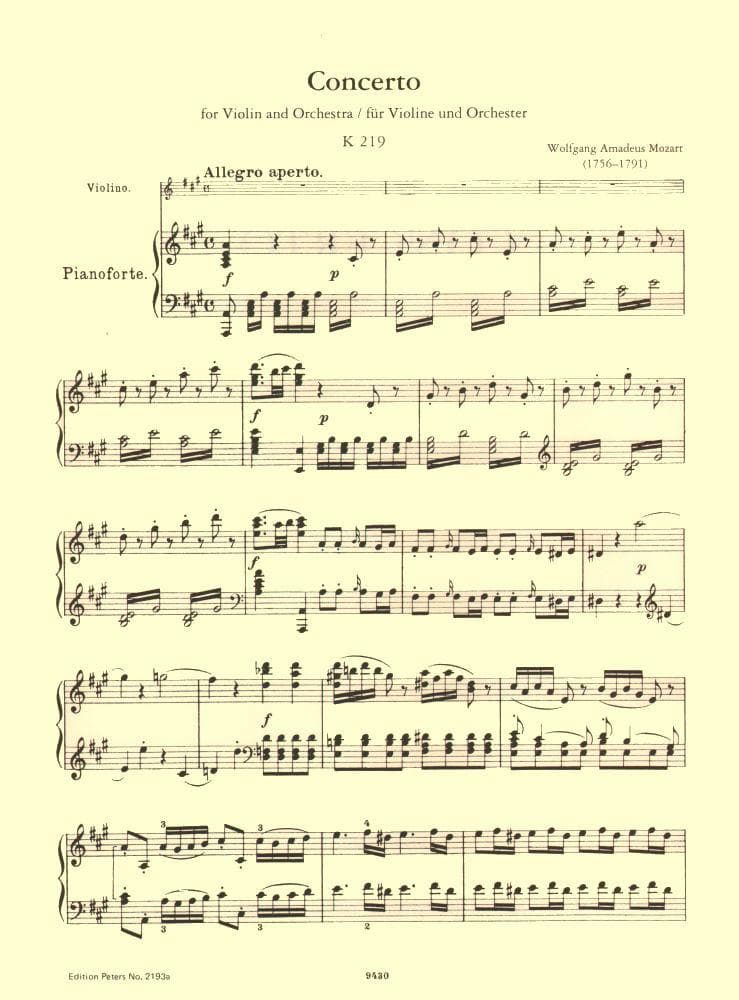 Mozart, WA - Concerto No 5 in A Major, K 219 - Violin and Piano - edited by Henri Marteau - Edition Peters - Image 2