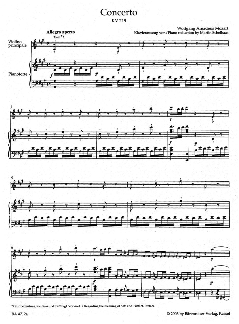 Mozart, WA - Concerto No 5 in A Major, K 219 - Violin and Piano - edited by Christoph Hellmut Mahling - Barenreiter Verlag URTEXT - Image 2