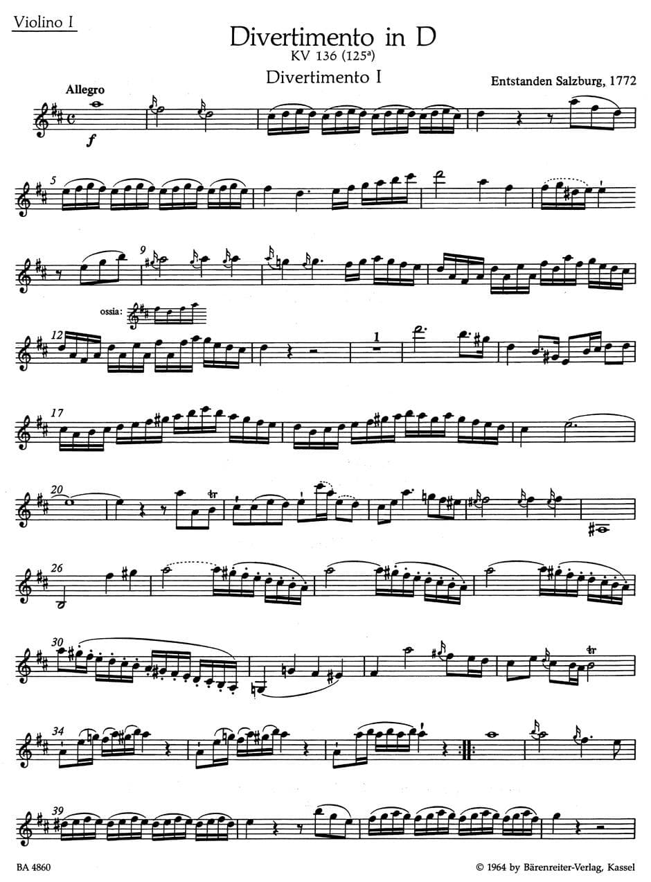 Mozart, WA - Three Divertimenti for String Quartet, K 136, 137, 138 - Two Violins, Viola, and Cello - edited by Karl Heinz Füssl - Bärenreiter Verlag URTEXT - Image 2