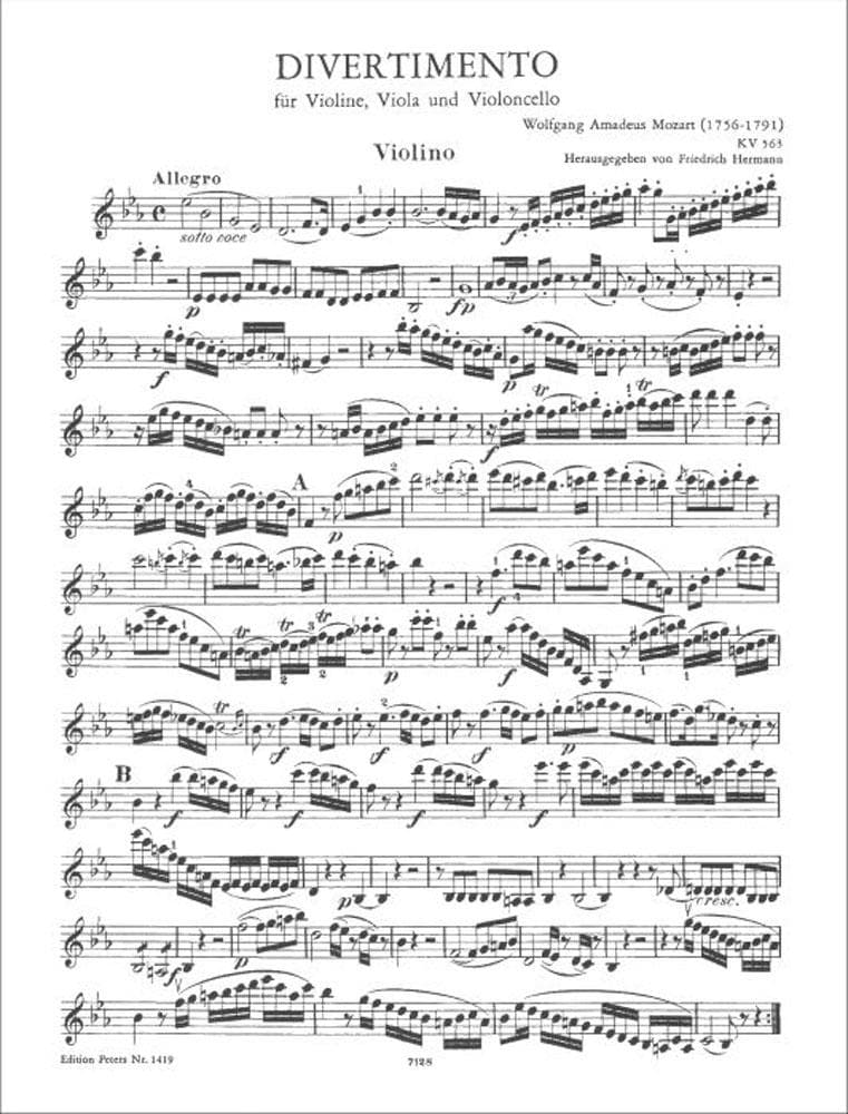 Mozart, WA - Divertimento in E-flat Major, K 563 - Violin, Viola, and Cello - Edition Peters - Image 2
