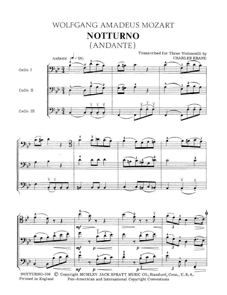 Mozart, WA - Notturno (Andante) - Three Cellos - transcribed by Charles Krane - Spratt Music Publishers - Image 2