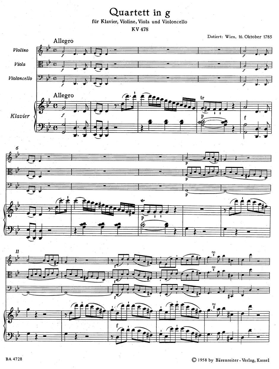 Mozart, WA - Piano Quartet in g minor, K 478 - Violin, Viola, Cello, and Piano - edited by Hellmut Federhofer - BĂ€renreiter Verlag URTEXT - Image 2
