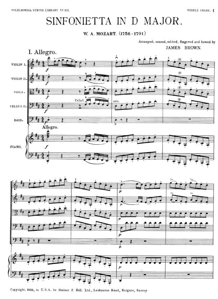 Mozart, WA - Sinfonietta in D Major for String Orchestra - Piano Score ONLY - EC Schirmer Publishing - Image 2