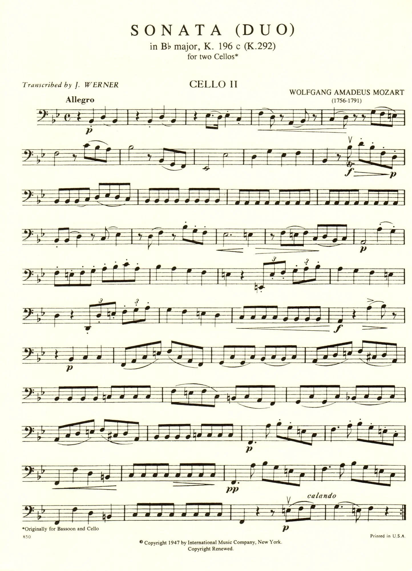 Mozart, WA - Sonata in B-Flat Major, K 292 - Two Cellos - edited by J Werner - International Music Co - Image 3