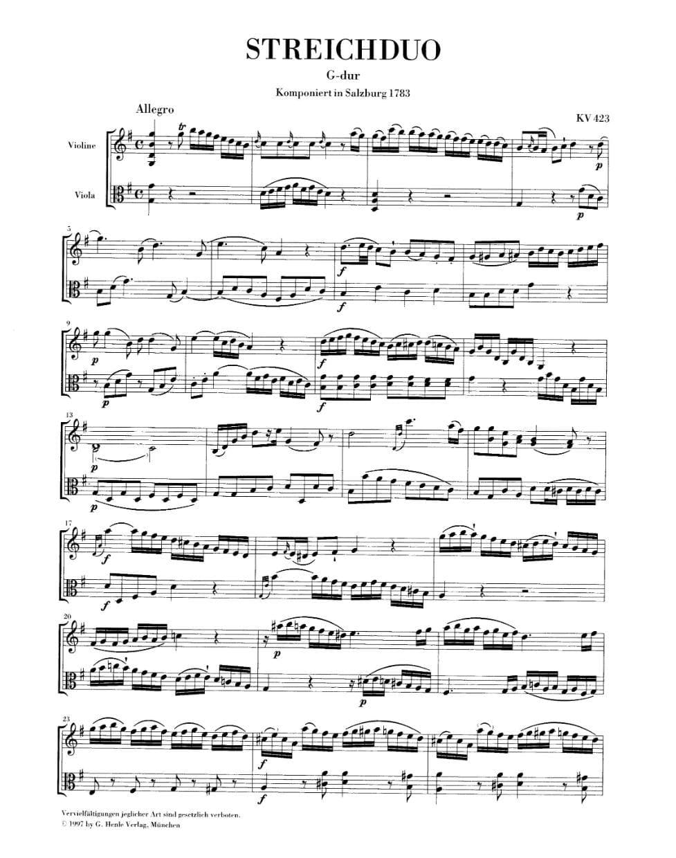 Mozart, WA - String Duos, K 423 and 424 - Violin and Viola - edited by Anja Bensieck - G Henle Verlag URTEXT - Image 2