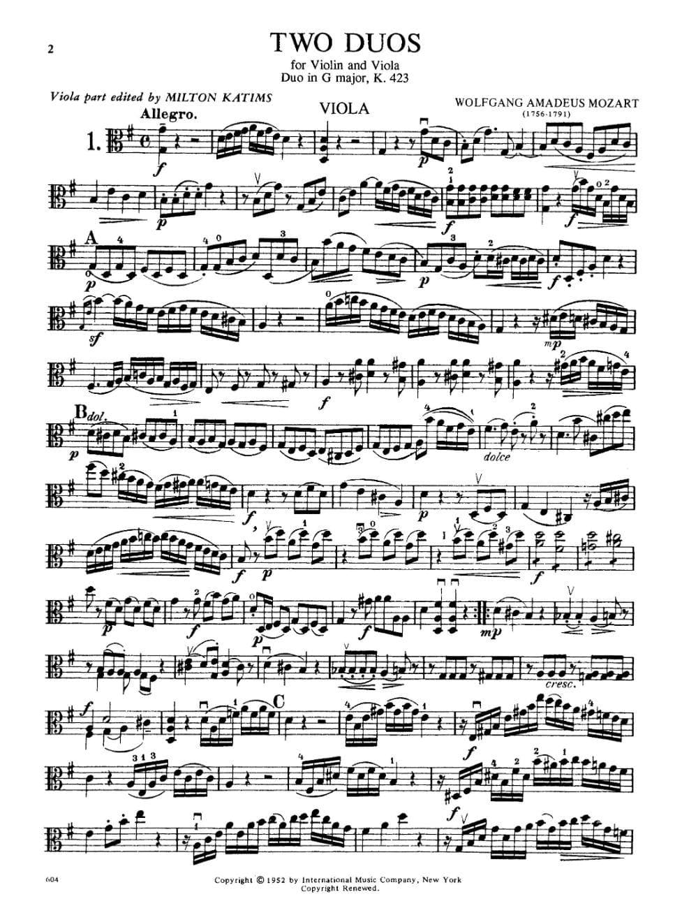 Mozart, WA - Two Duos, K 423 and 424 - Violin and Viola - edited by Josef Gingold and Milton Katims - International Music Co - Image 2