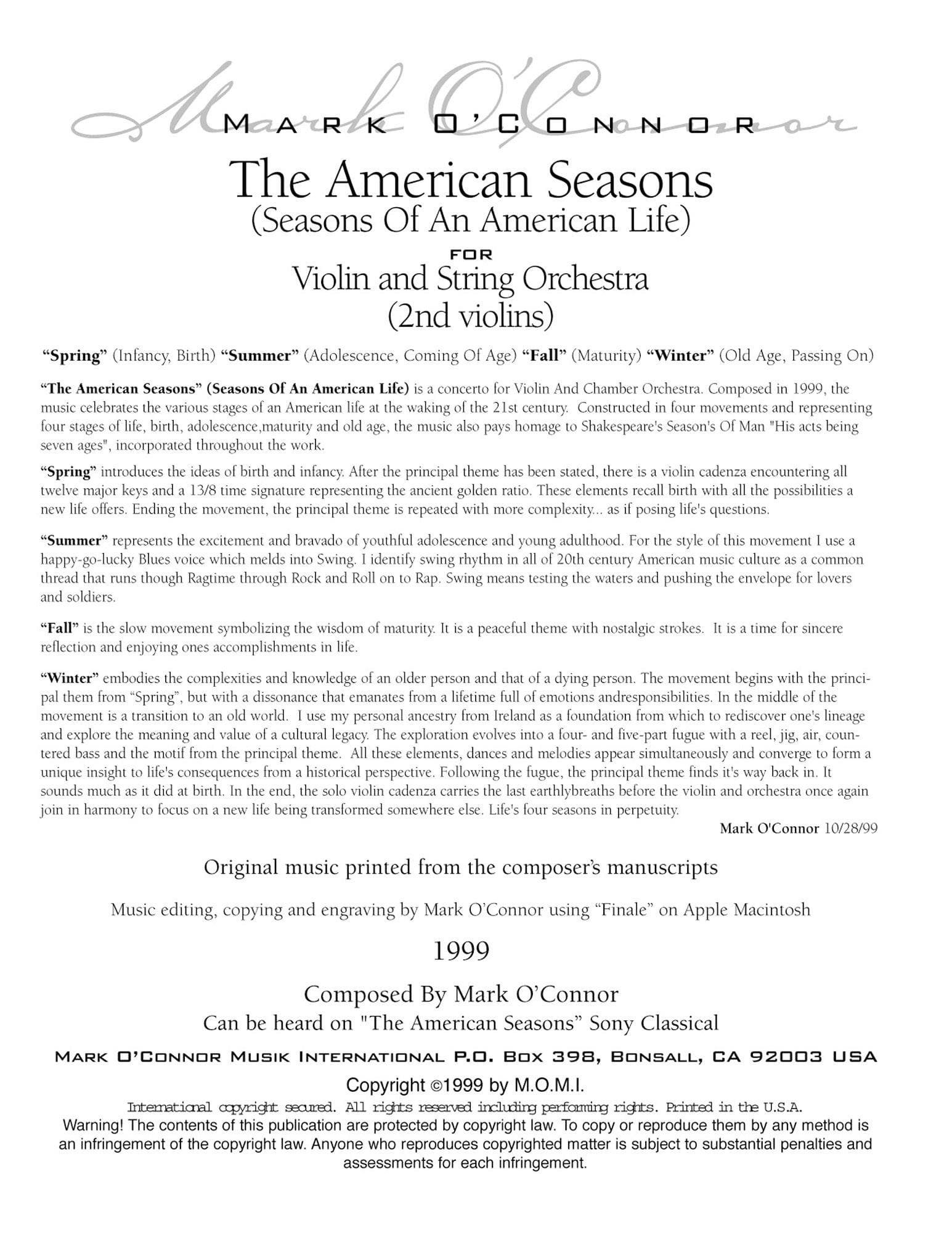 O'Connor, Mark - American Seasons for Violin and String Orchestra - 2nd Violins - Digital Download - Image 2