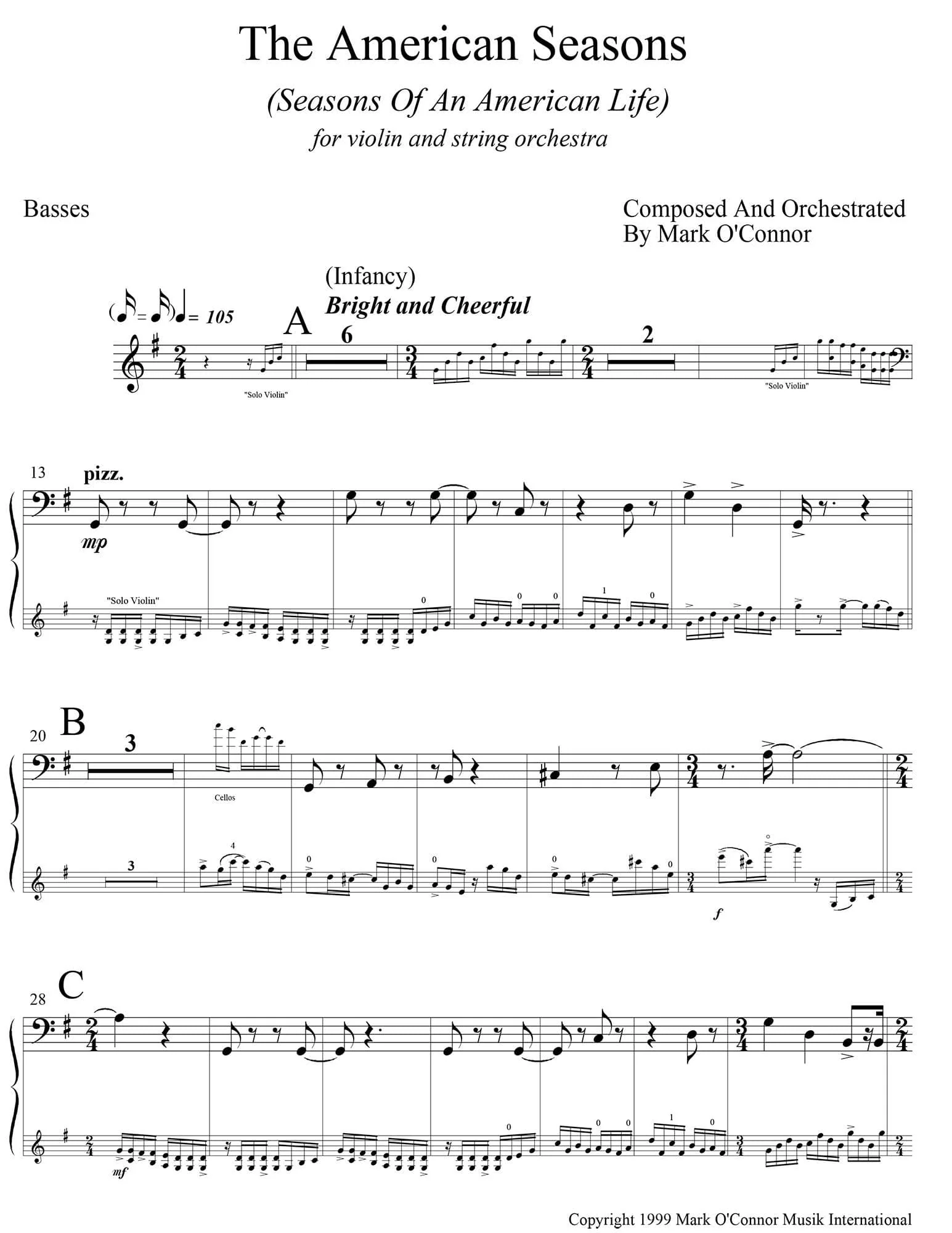 O'Connor, Mark - American Seasons for Violin and String Orchestra - Basses - Digital Download - Image 3