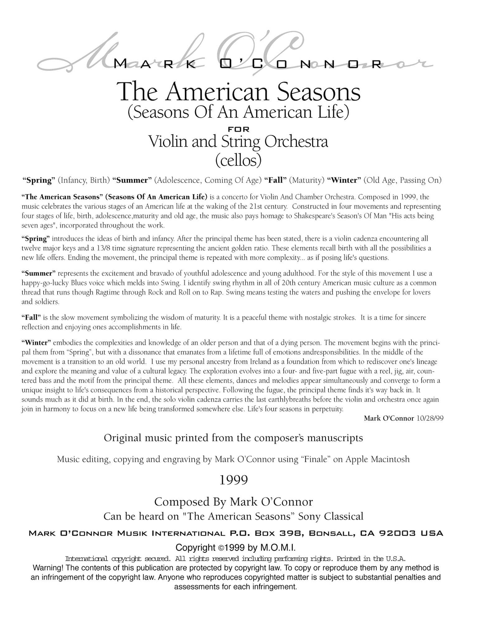 O'Connor, Mark - American Seasons for Violin and String Orchestra - Cellos - Digital Download - Image 2