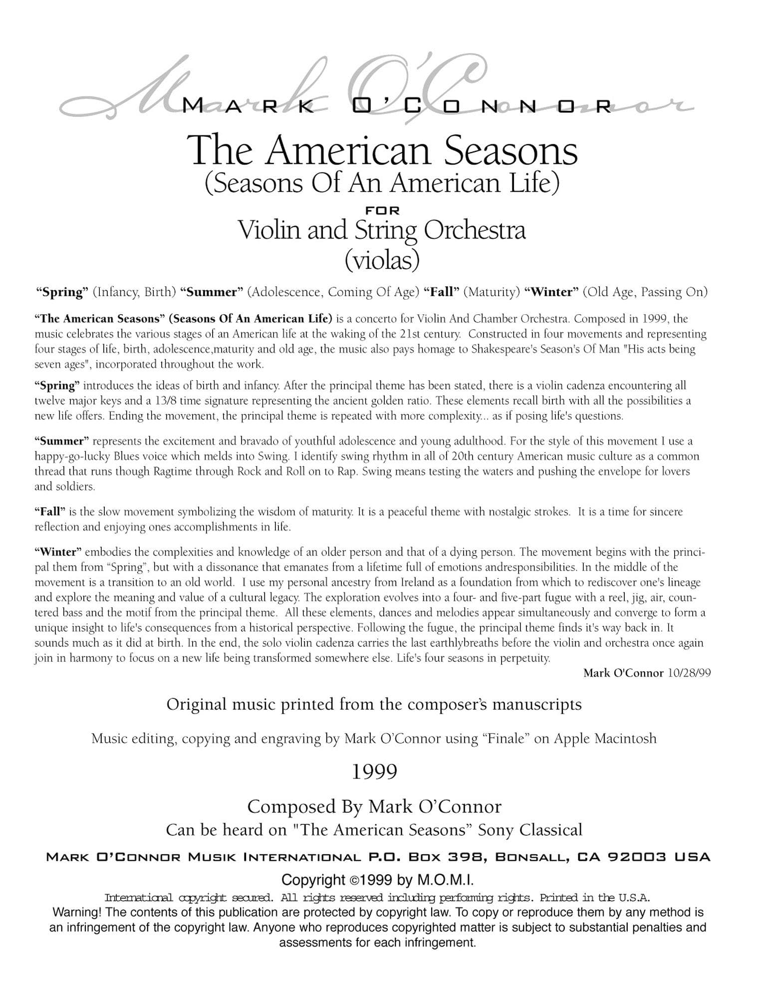 O'Connor, Mark - American Seasons for Violin and String Orchestra - Violas - Digital Download - Image 2