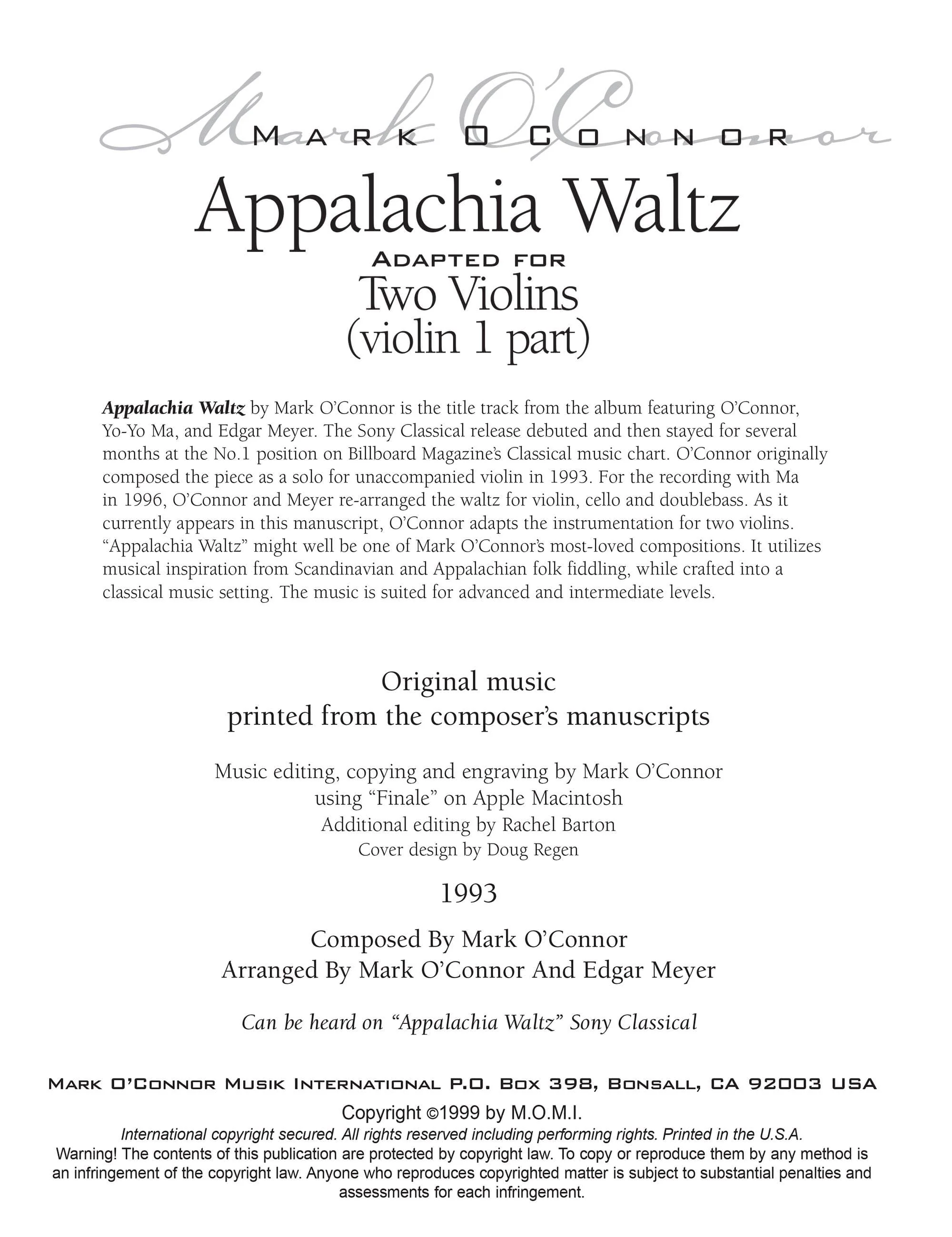 O'Connor, Mark - Appalachia Waltz for 2 Violins - Violin 1 - Digital Download - Image 2
