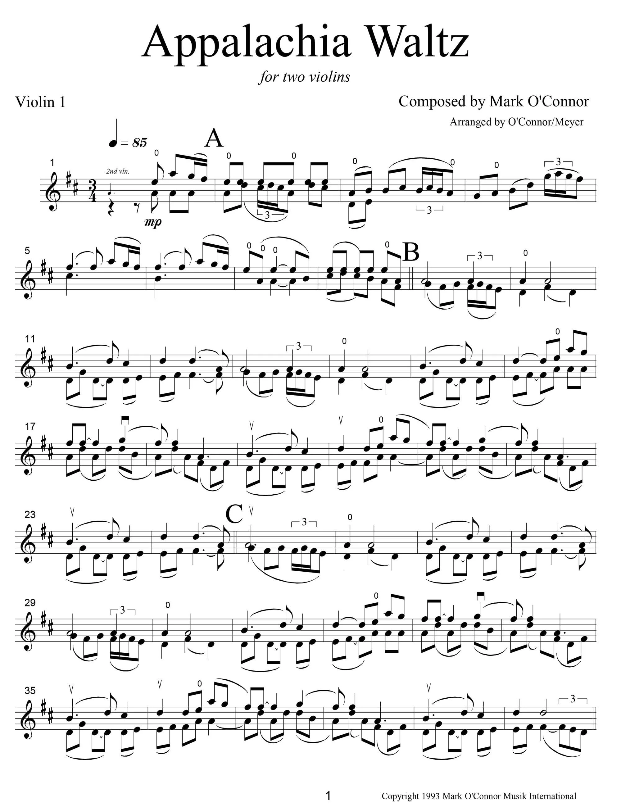 O'Connor, Mark - Appalachia Waltz for 2 Violins - Violin 1 - Digital Download - Image 3