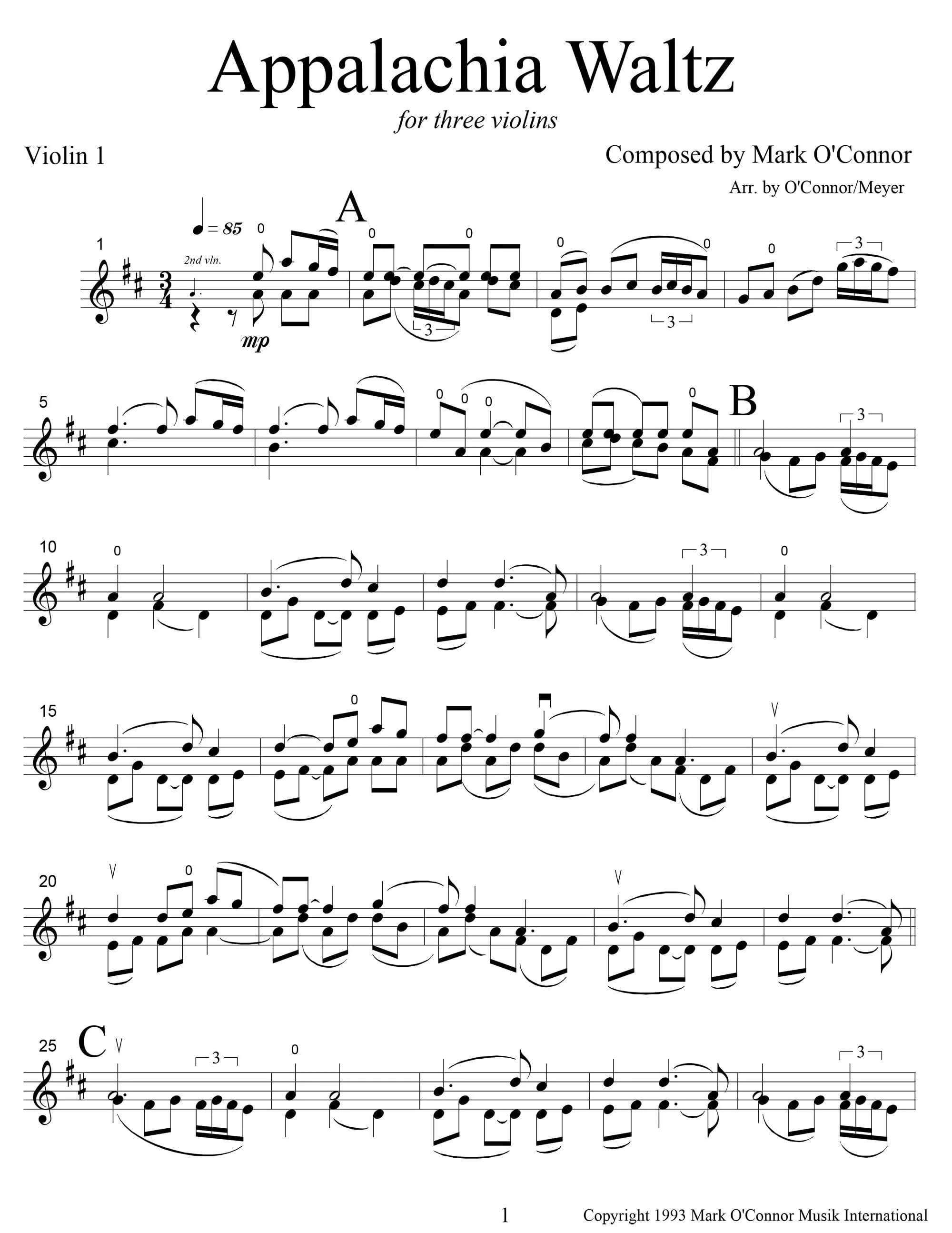 O'Connor, Mark - Appalachia Waltz for 3 Violins - Violin 1 - Digital Download - Image 3