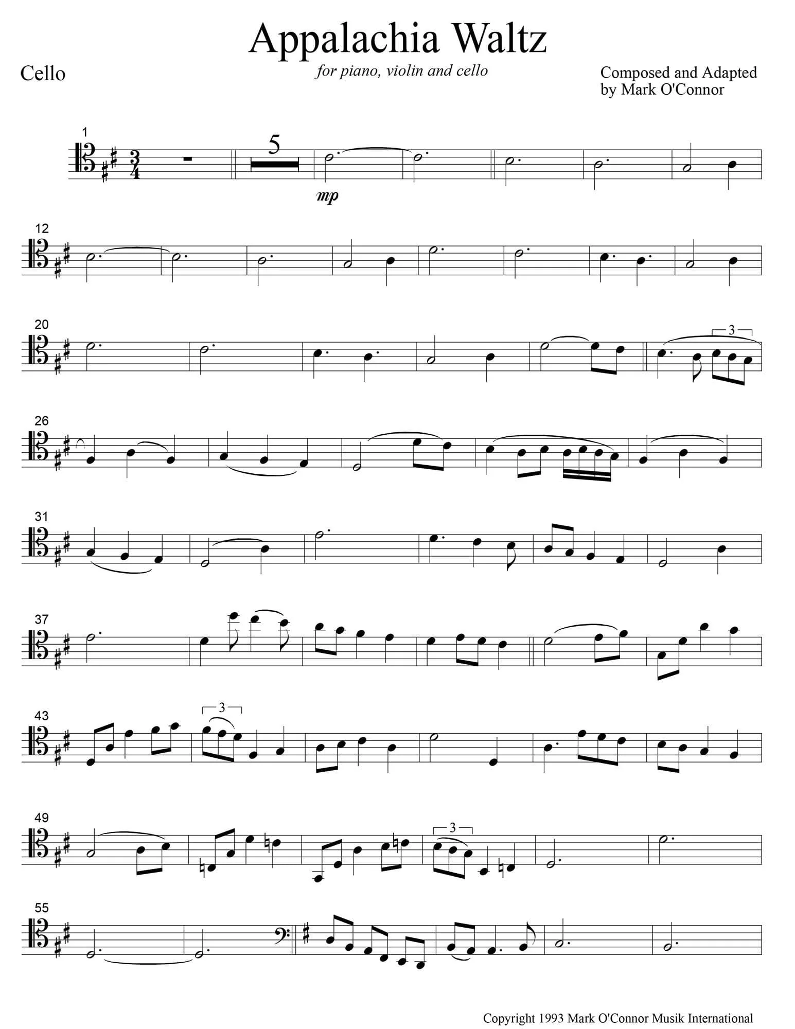 O'Connor, Mark - Appalachia Waltz for Piano, Violin, and Cello - Cello - Digital Download - Image 3