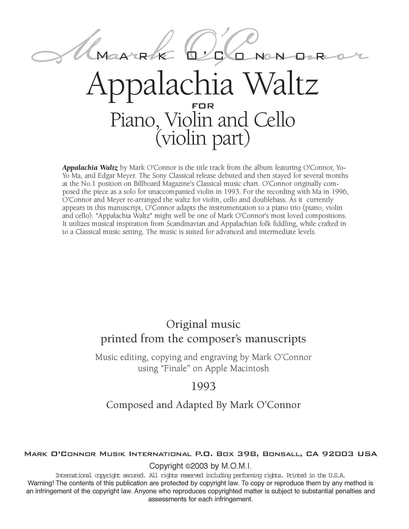 O'Connor, Mark - Appalachia Waltz for Piano, Violin, and Cello - Violin - Digital Download - Image 2