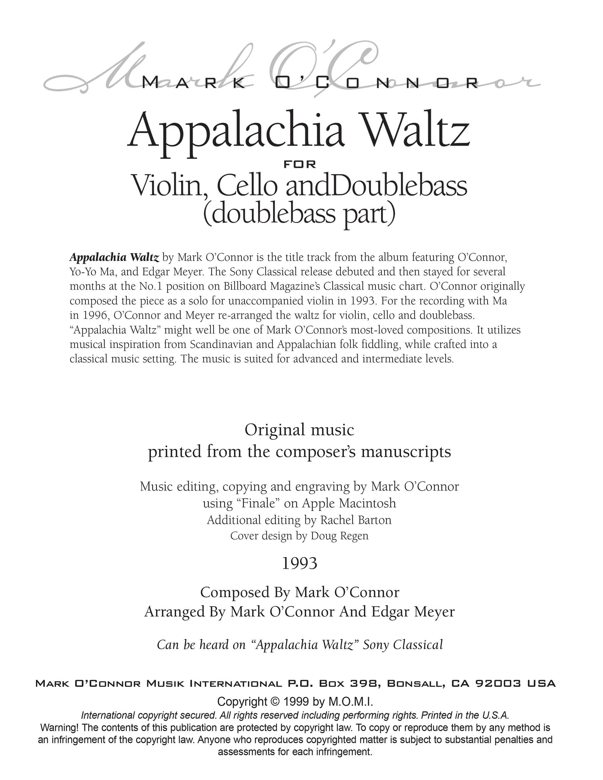 O'Connor, Mark - Appalachia Waltz for Violin, Cello, and Bass - Bass - Digital Download - Image 2