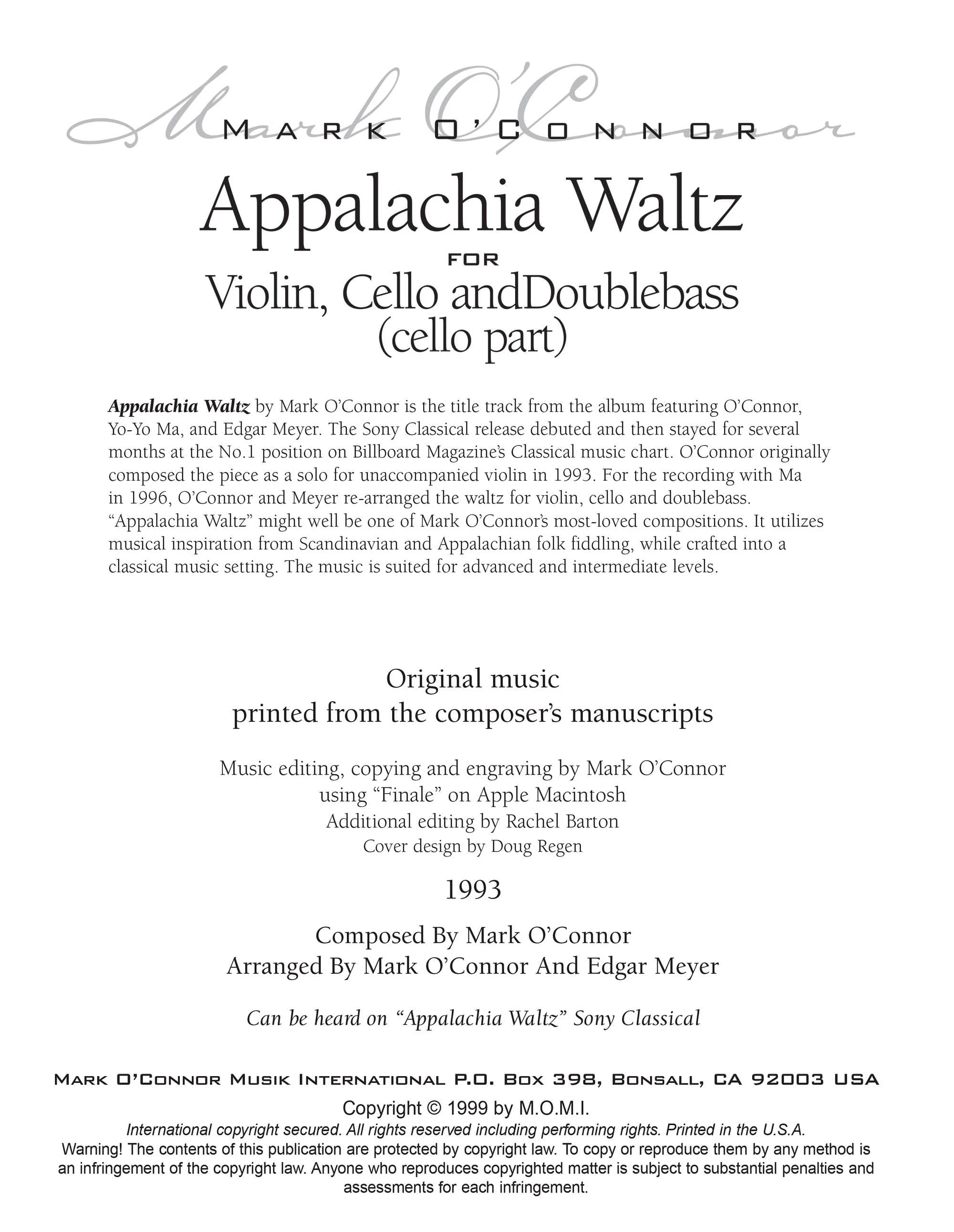 O'Connor, Mark - Appalachia Waltz for Violin, Cello, and Bass - Cello - Digital Download - Image 2