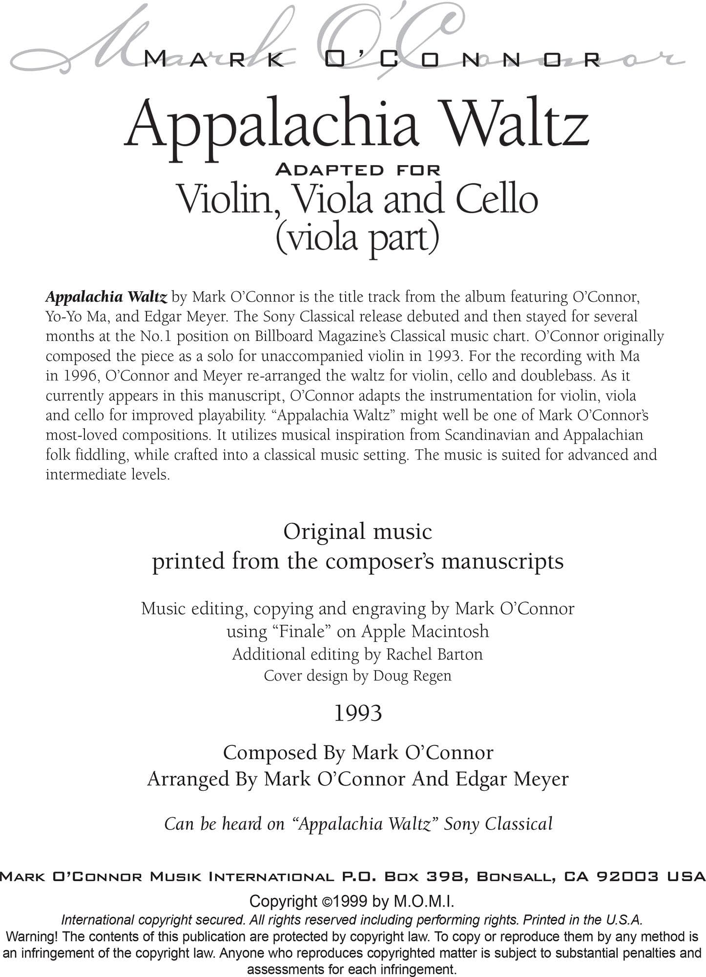 O'Connor, Mark - Appalachia Waltz for Violin, Viola, and Cello - Viola - Digital Download - Image 2