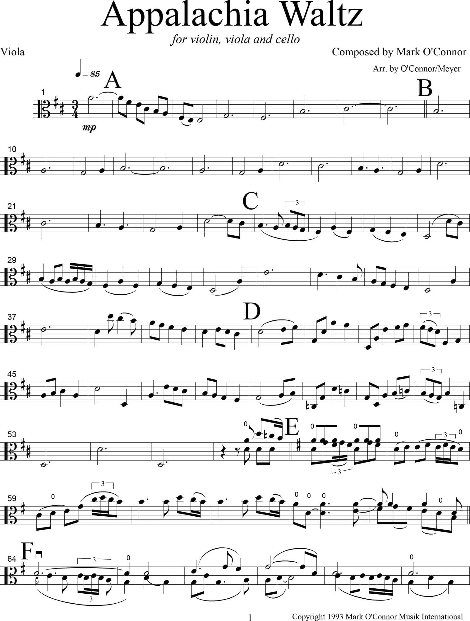 O'Connor, Mark - Appalachia Waltz for Violin, Viola, and Cello - Viola - Digital Download - Image 3