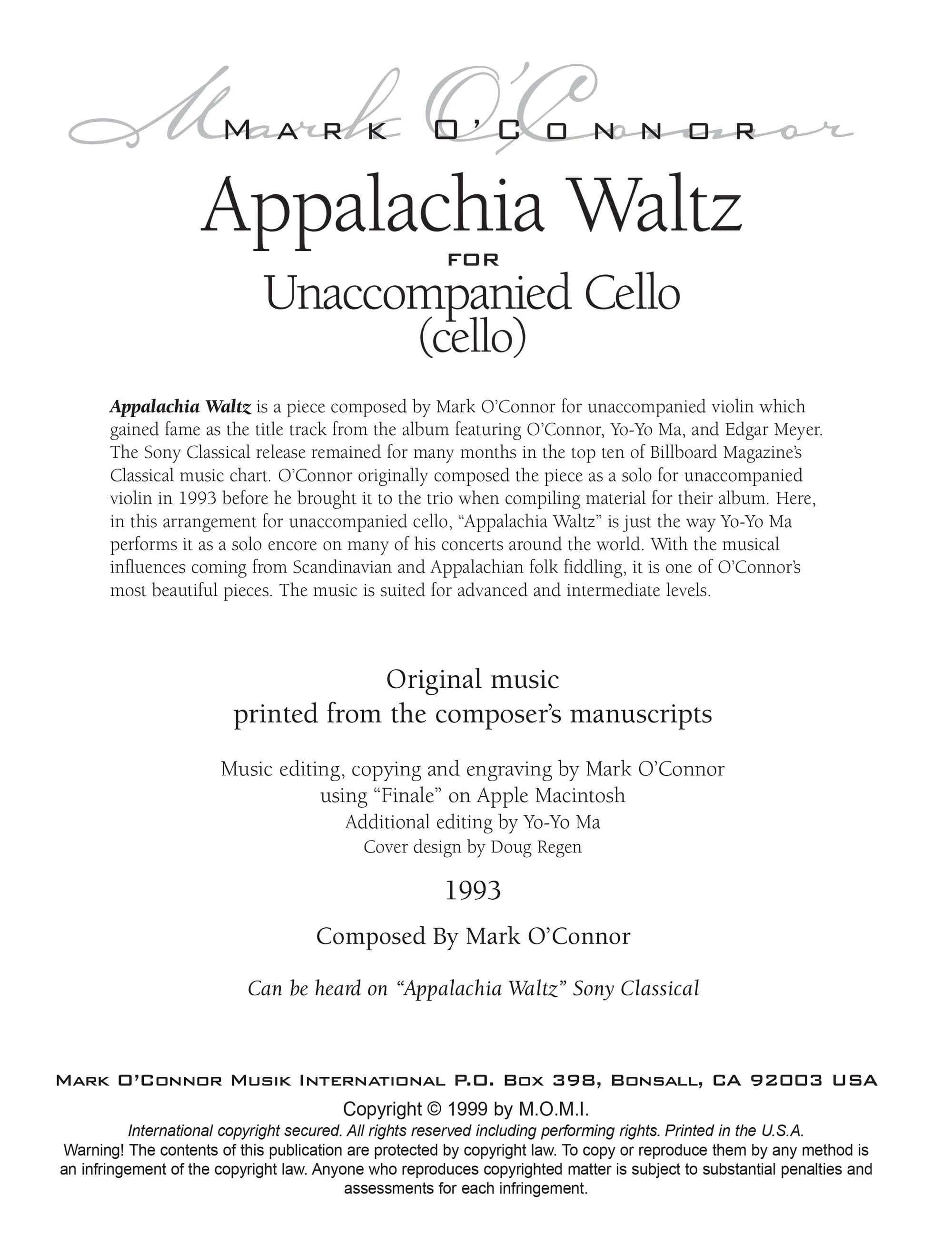 O'Connor, Mark - Appalachia Waltz Unaccompanied Score - Cello - Digital Download - Image 2