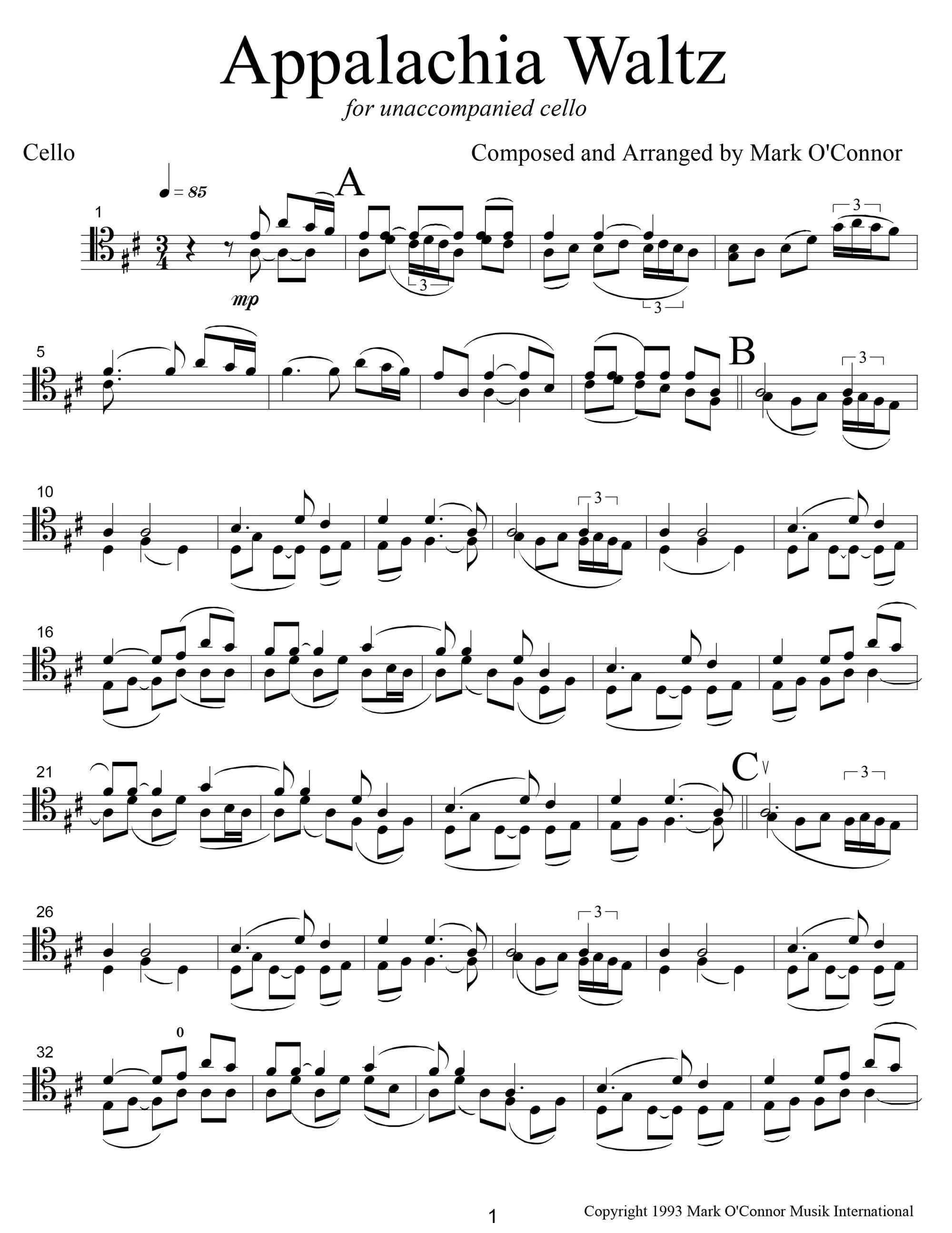 O'Connor, Mark - Appalachia Waltz Unaccompanied Score - Cello - Digital Download - Image 3