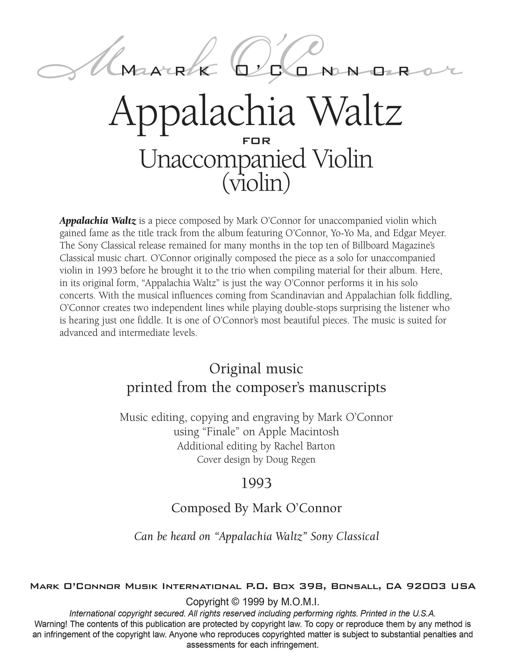 O'Connor, Mark - Appalachia Waltz Unaccompanied Score - Violin - Digital Download - Image 2
