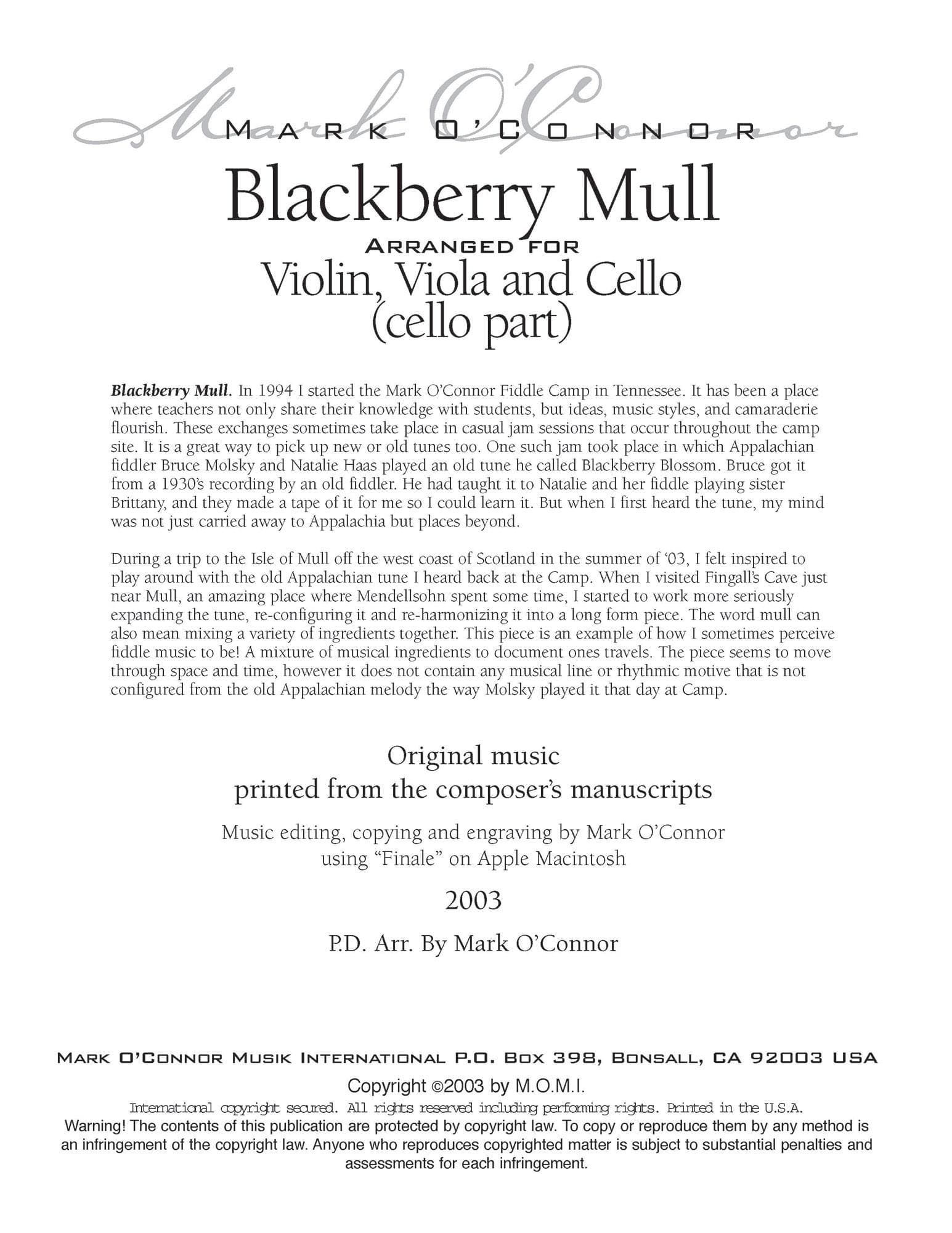 O'Connor, Mark - Blackberry Mull for Violin, Viola, and Cello - Cello - Digital Download - Image 2