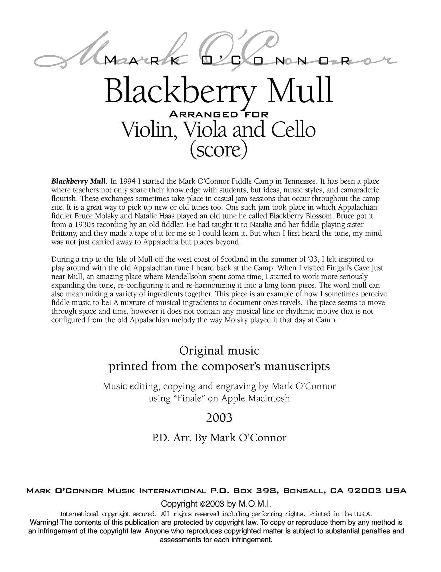 O'Connor, Mark - Blackberry Mull for Violin, Viola, and Cello - Score - Digital Download - Image 2