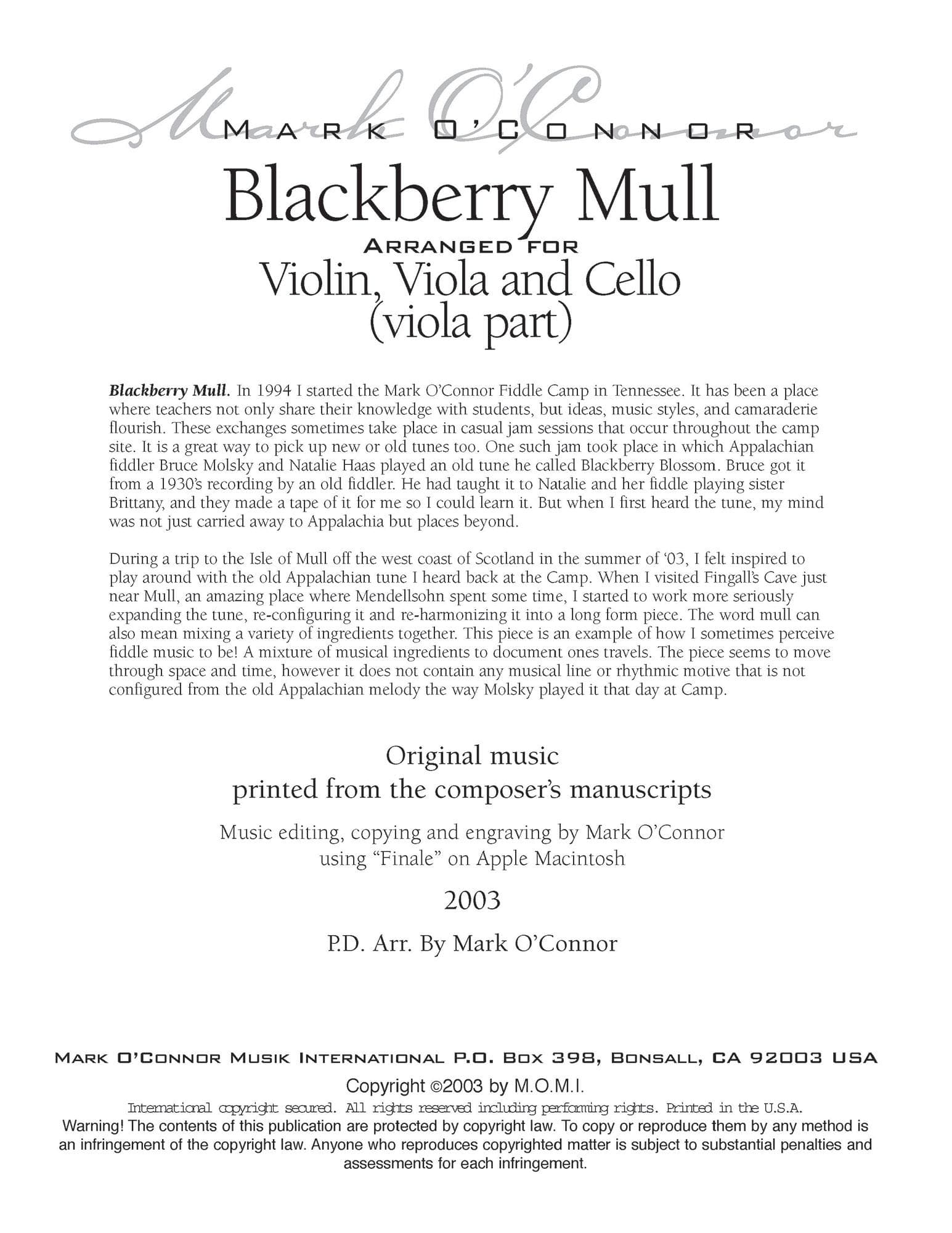 O'Connor, Mark - Blackberry Mull for Violin, Viola, and Cello - Viola - Digital Download - Image 2