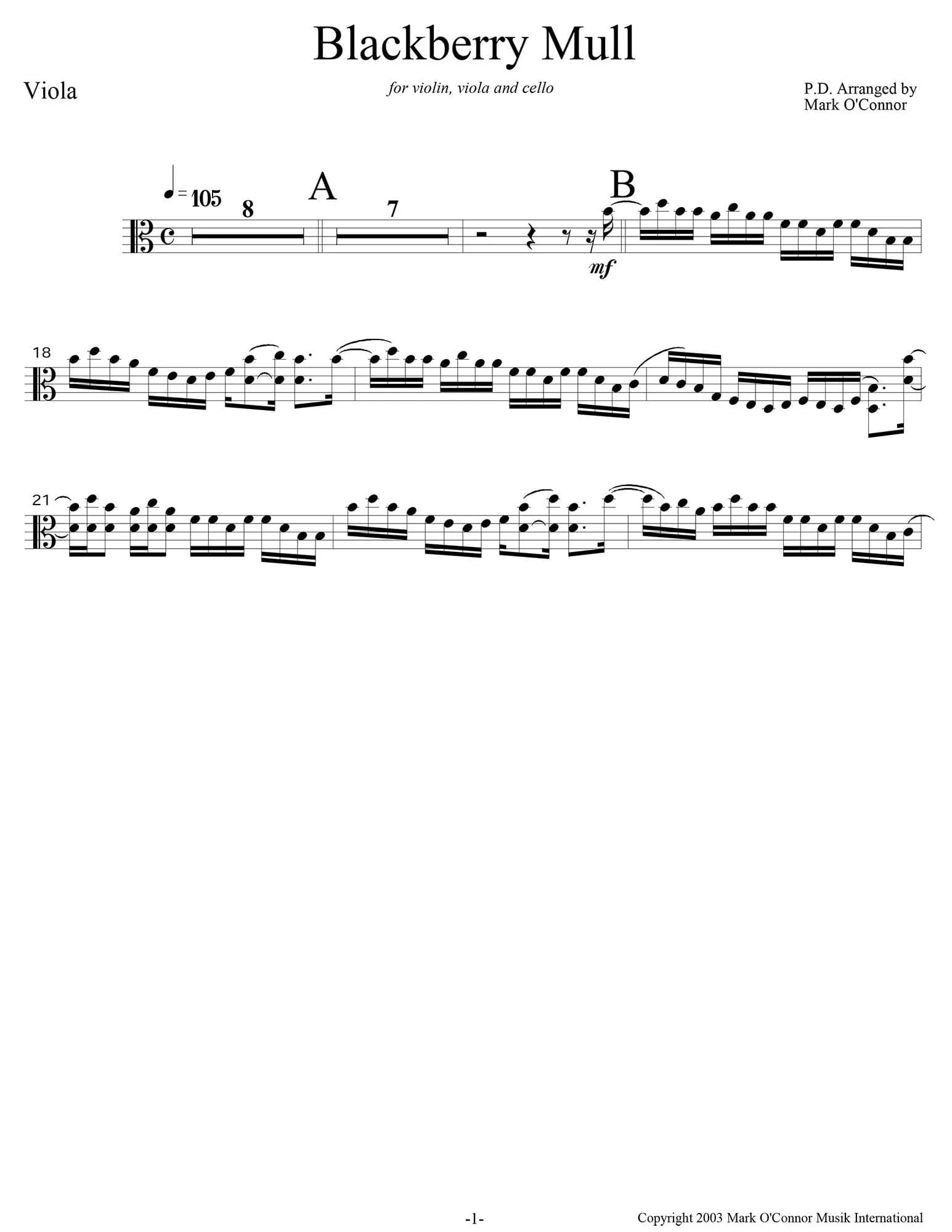 O'Connor, Mark - Blackberry Mull for Violin, Viola, and Cello - Viola - Digital Download - Image 3