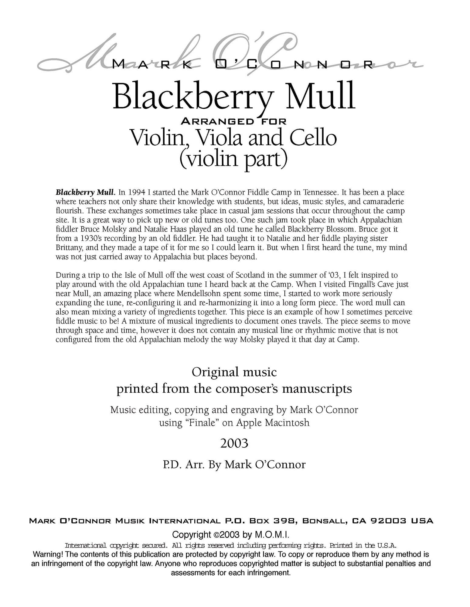 O'Connor, Mark - Blackberry Mull for Violin, Viola, and Cello - Violin - Digital Download - Image 2