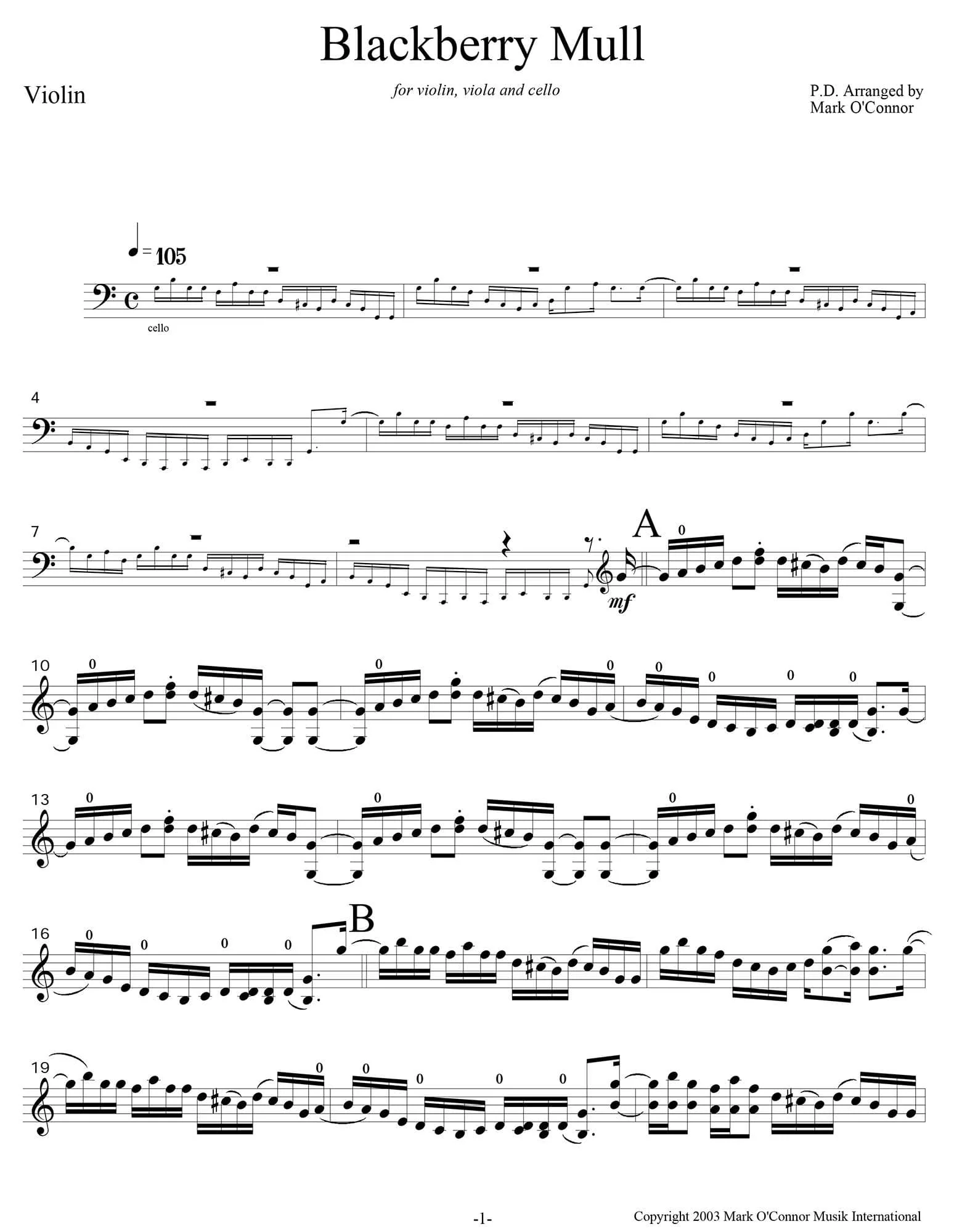 O'Connor, Mark - Blackberry Mull for Violin, Viola, and Cello - Violin - Digital Download - Image 3