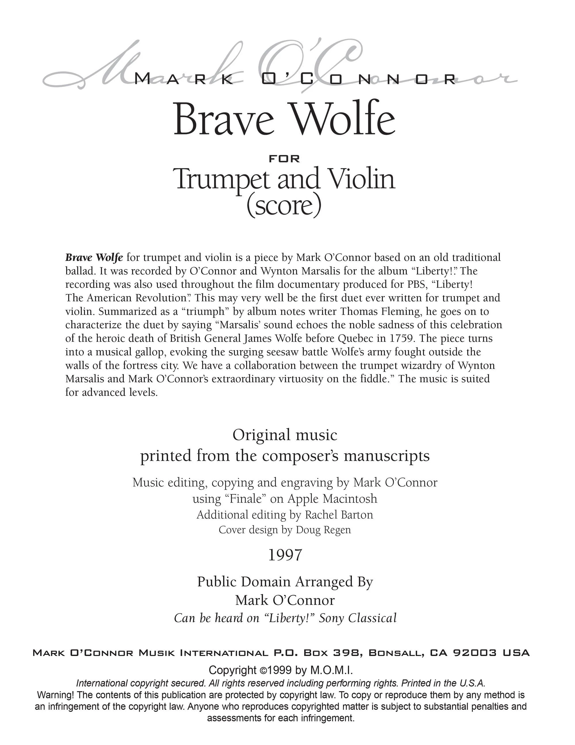O'Connor, Mark - Brave Wolfe for Trumpet and Violin - Score - Digital Download - Image 2