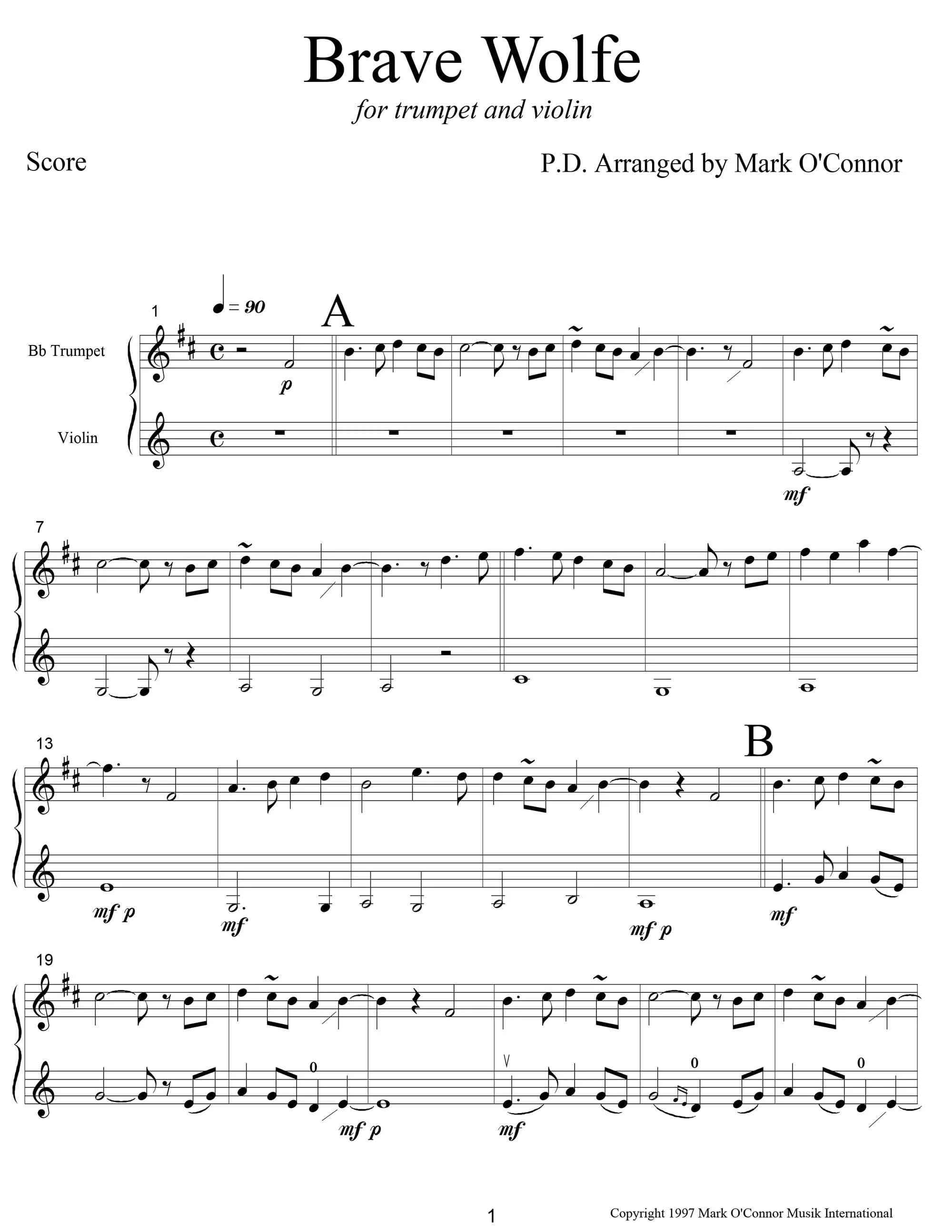 O'Connor, Mark - Brave Wolfe for Trumpet and Violin - Score - Digital Download - Image 3