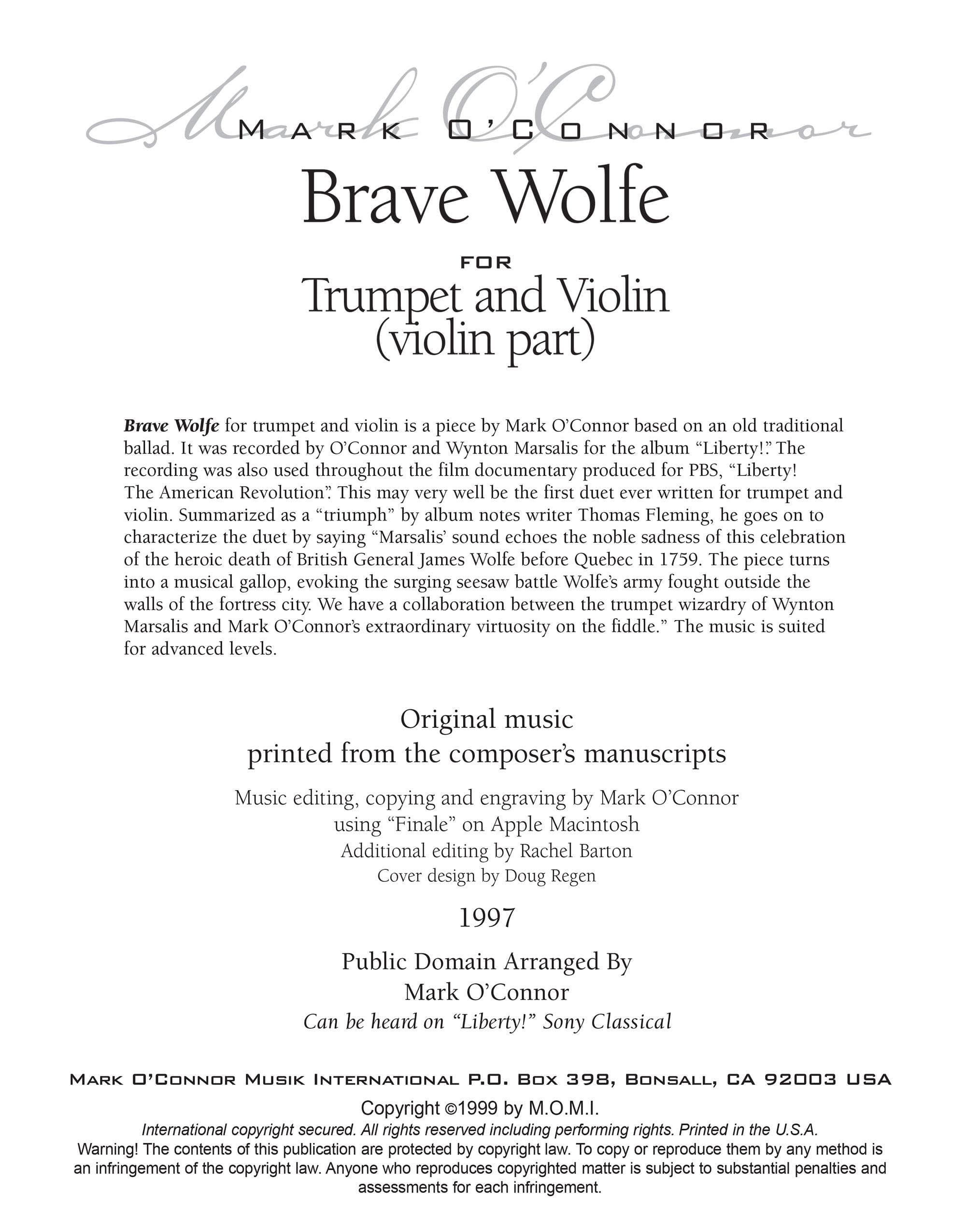 O'Connor, Mark - Brave Wolfe for Trumpet and Violin - Violin - Digital Download - Image 2