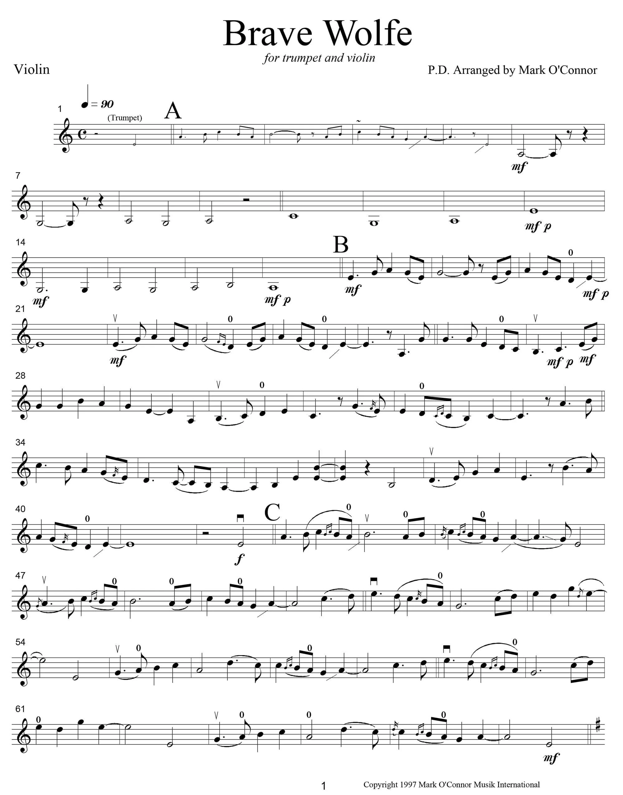 O'Connor, Mark - Brave Wolfe for Trumpet and Violin - Violin - Digital Download - Image 3