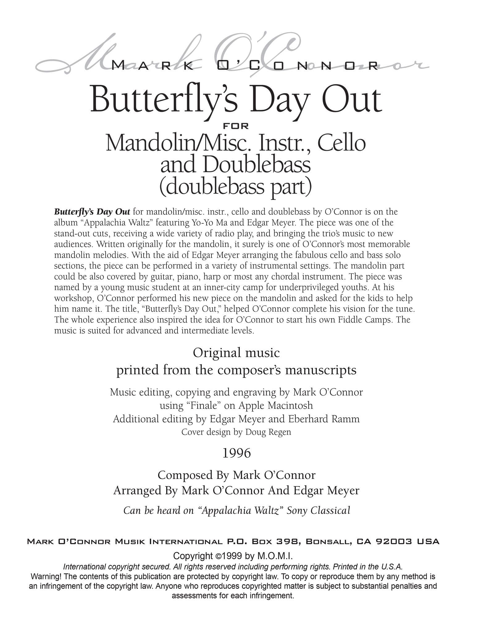 O'Connor, Mark - Butterfly's Day Out for Mandolin, Cello, and Bass - Bass - Digital Download - Image 2