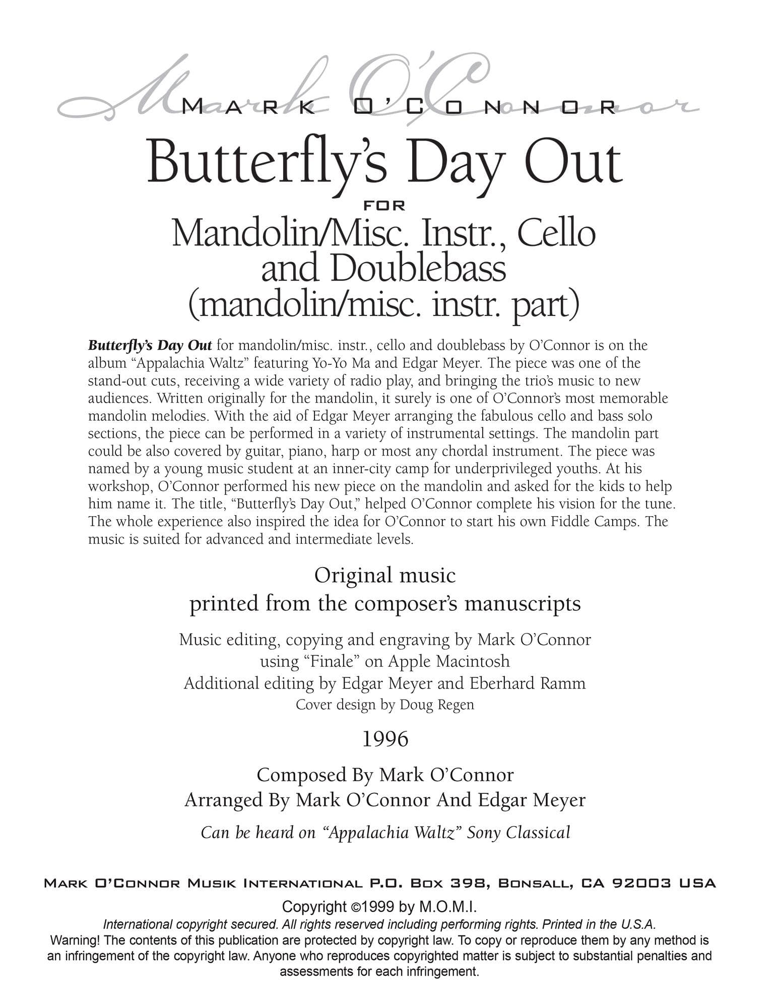 O'Connor, Mark - Butterfly's Day Out for Mandolin, Cello, and Bass - Mandolin - Digital Download - Image 2