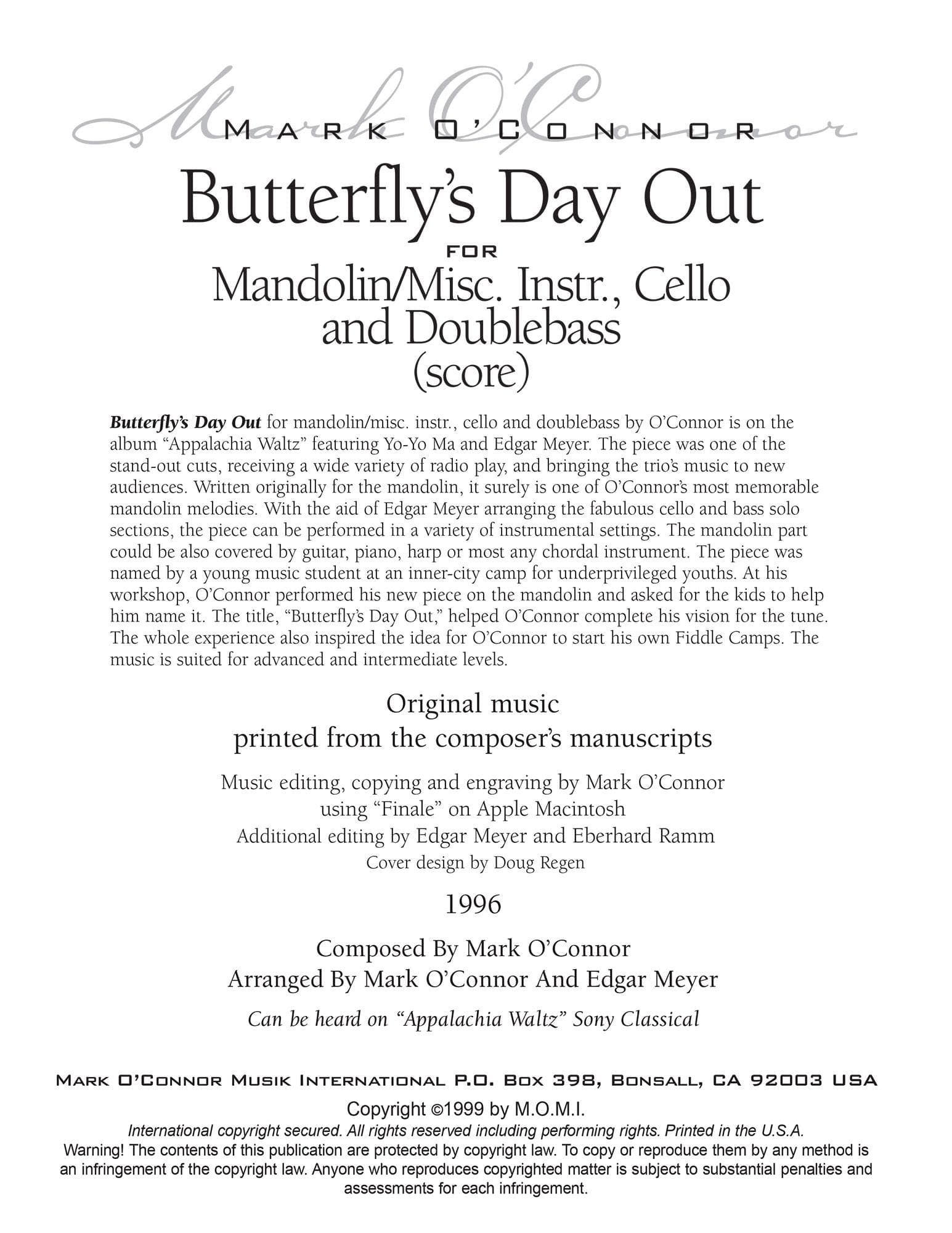 O'Connor, Mark - Butterfly's Day Out for Mandolin, Cello, and Bass - Score - Digital Download - Image 2