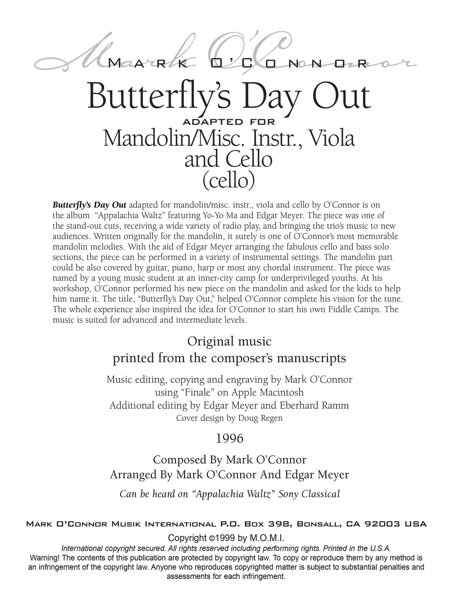 O'Connor, Mark - Butterfly's Day Out for Mandolin, Viola, Cello - Cello - Digital Download - Image 2